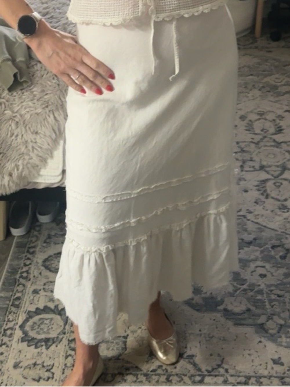 White Midi Ruffle Hem Women's Skirt